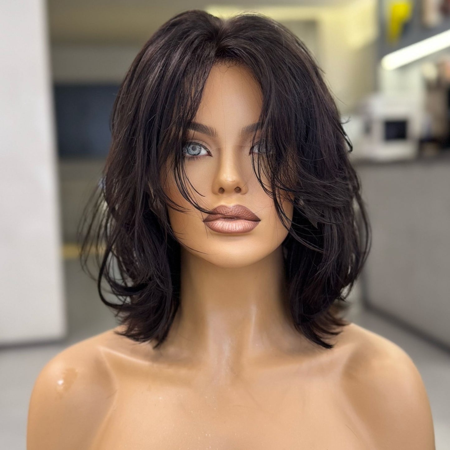 AURELIA — Curly Layered Lob Wig | 14” Darkest Brown (Level 4)