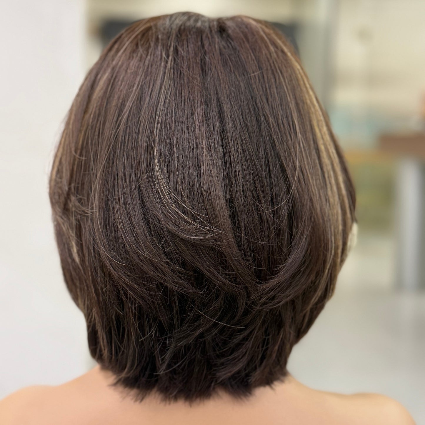 KAMYLA | 12" Dark Brunette Lob with Sun-Kissed Highlights
