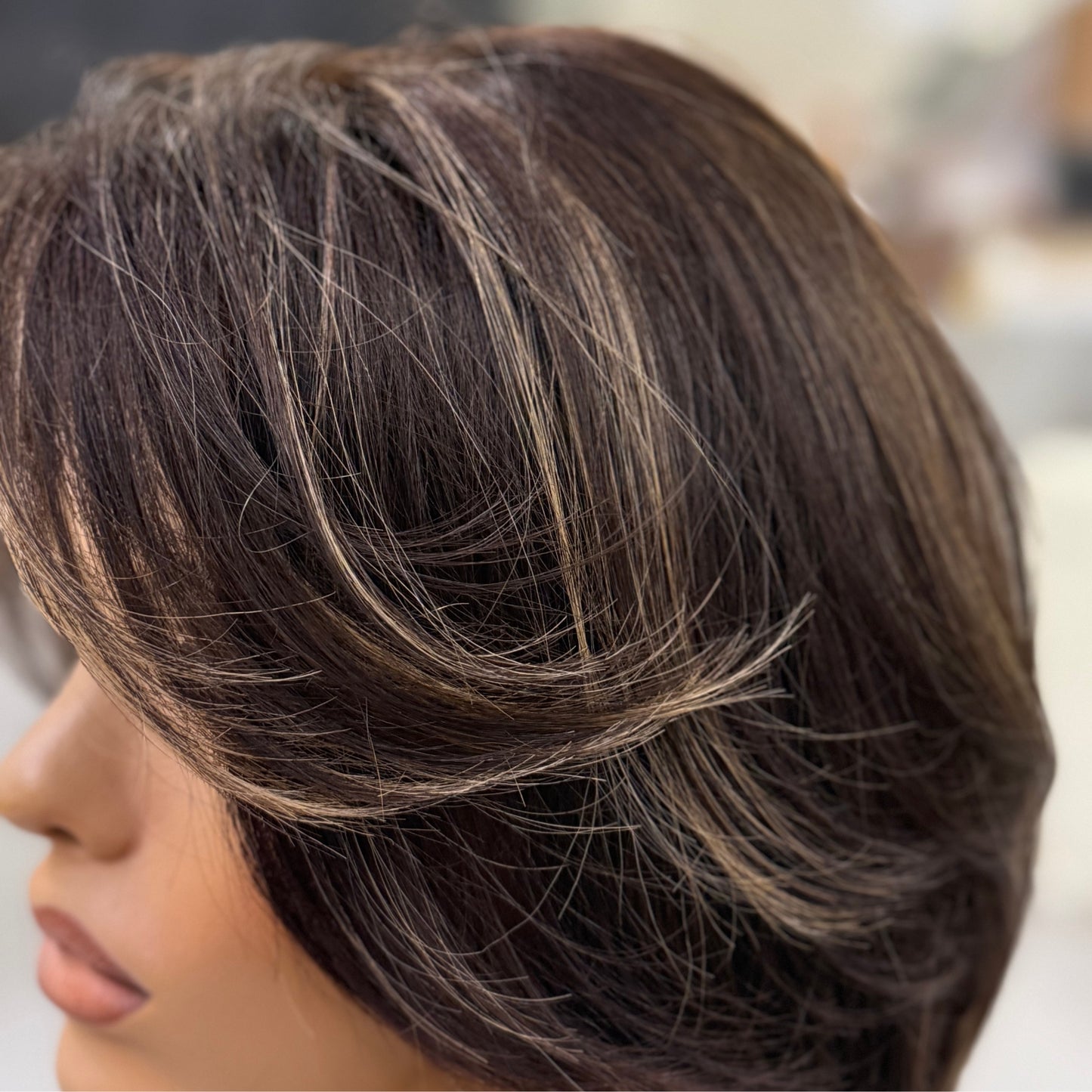 KAMYLA | 12" Dark Brunette Lob with Sun-Kissed Highlights