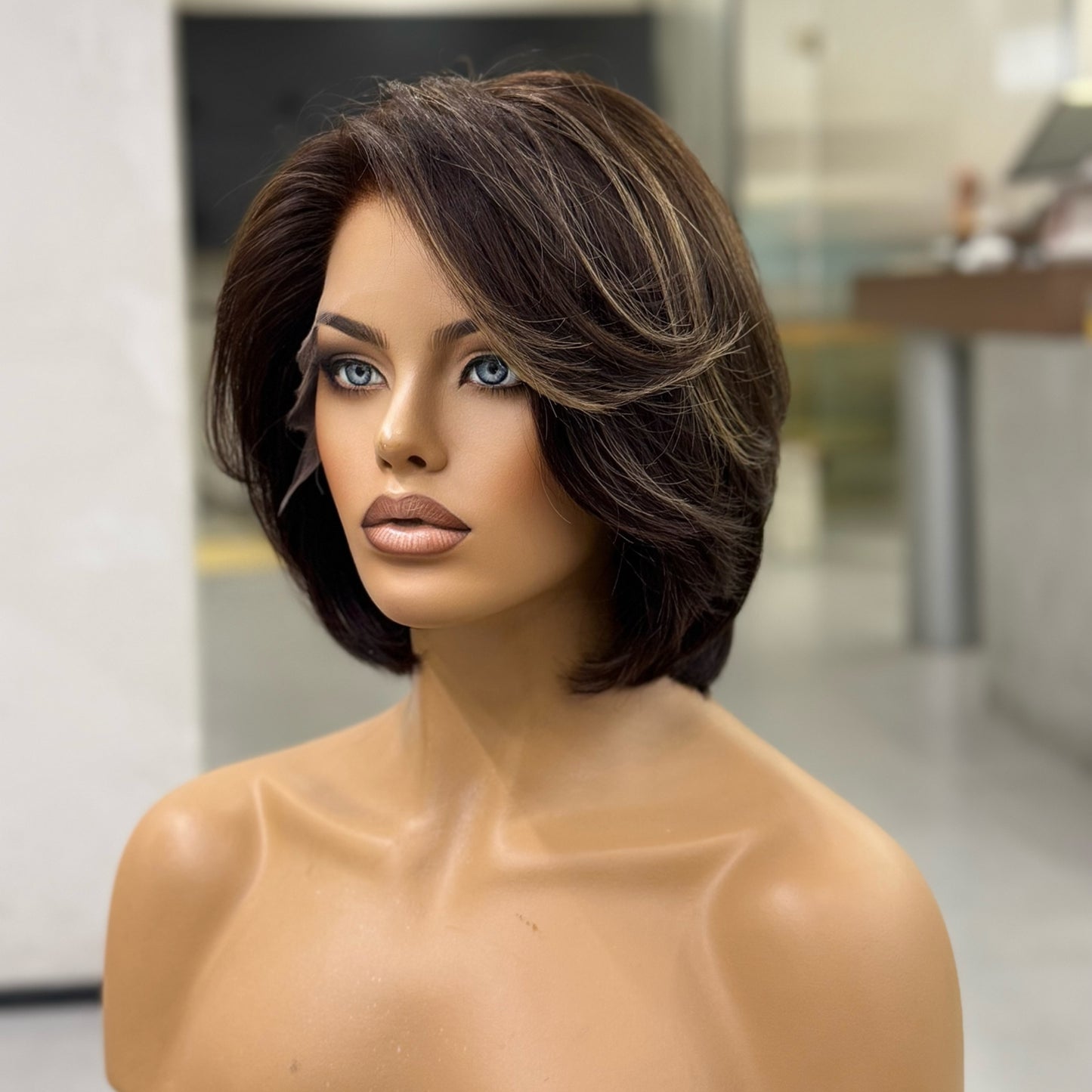 KAMYLA | 12" Dark Brunette Lob with Sun-Kissed Highlights