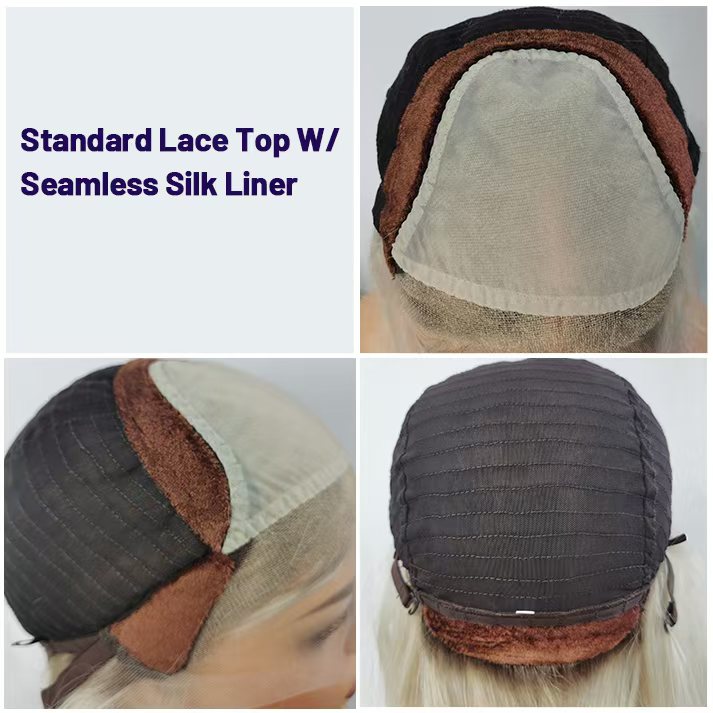 Wig cap with standard lace top and seamless silk liner on a white background