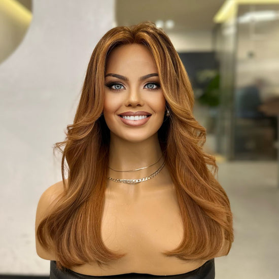 Aubrey - Lustrous Dark Strawberry Blonde Balayage Lace Top Wig