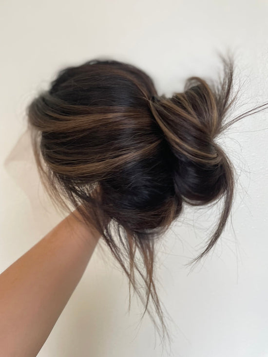 VELVA | Fall Lace Ponytail Wig | 20” Caramel Brown with Blonde Highlights