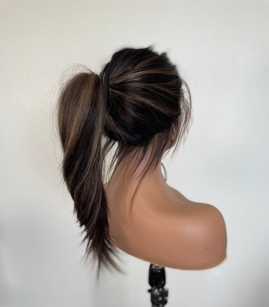 VELVA | Fall Lace Ponytail Wig | 20” Caramel Brown with Blonde Highlights