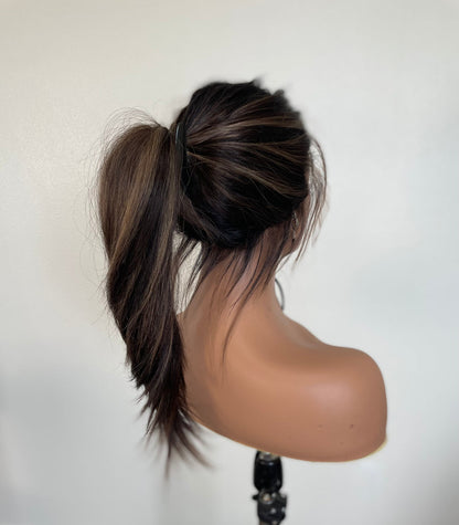 VELVA | Fall Lace Ponytail Wig | 20” Caramel Brown with Blonde Highlights
