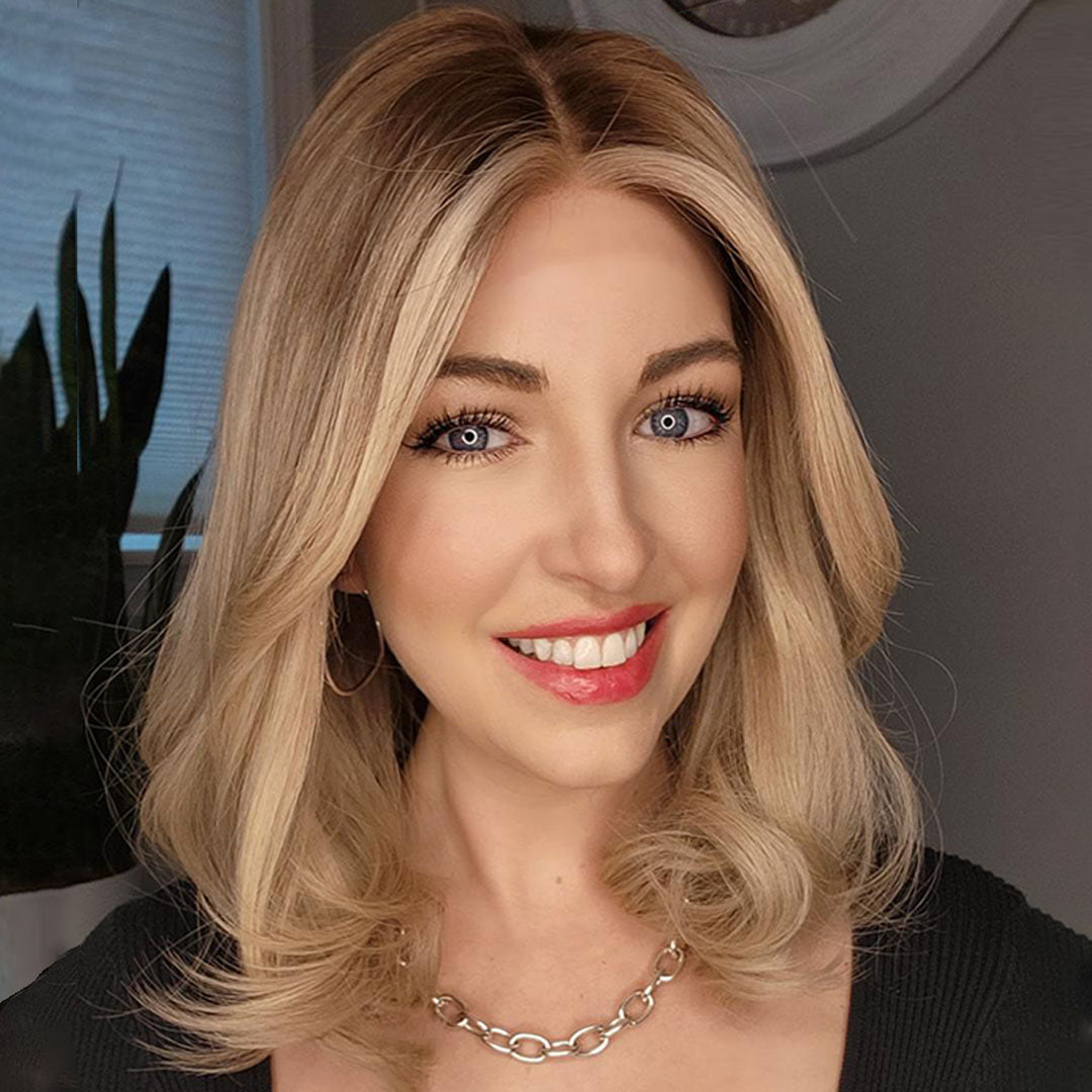 Taylor wig front view 16 inch bob creamy blonde balayage bright complexion