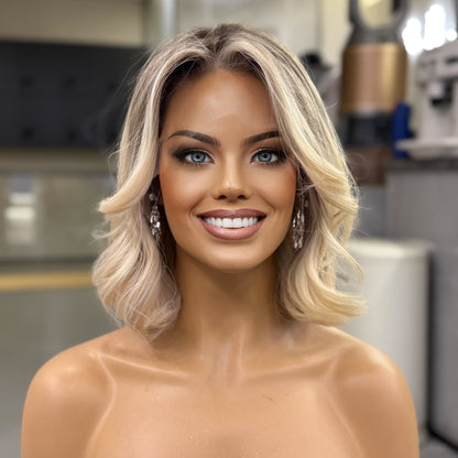 SATURN| Icy-Blonde Root Melt Lob | 14" Lace Top Wig