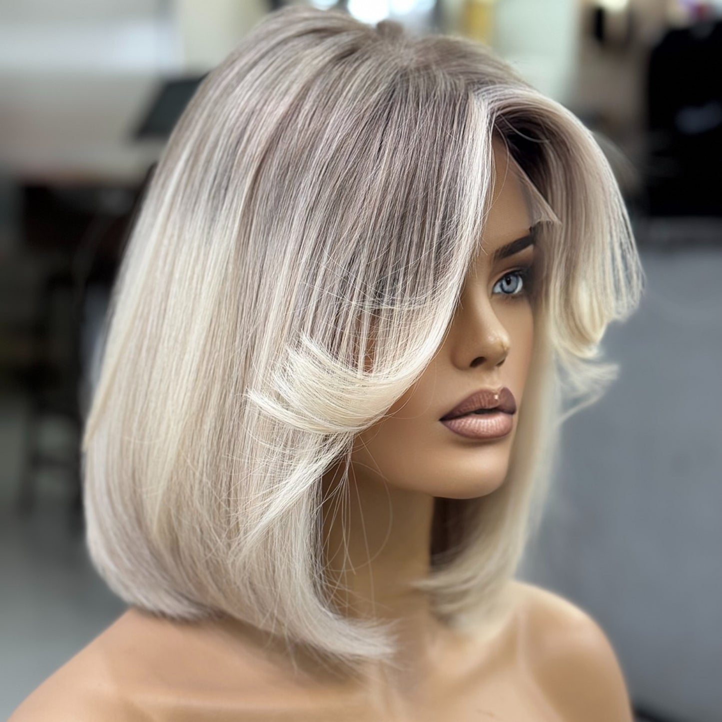 SYDNEY | Sleek Blunt Blonde Lob with Shadow Root | 14'' Lace Top Wig
