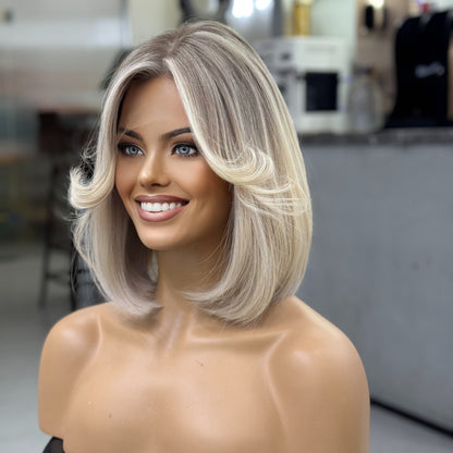 SYDNEY | Sleek Blunt Blonde Lob with Shadow Root | 14'' Lace Top Wig