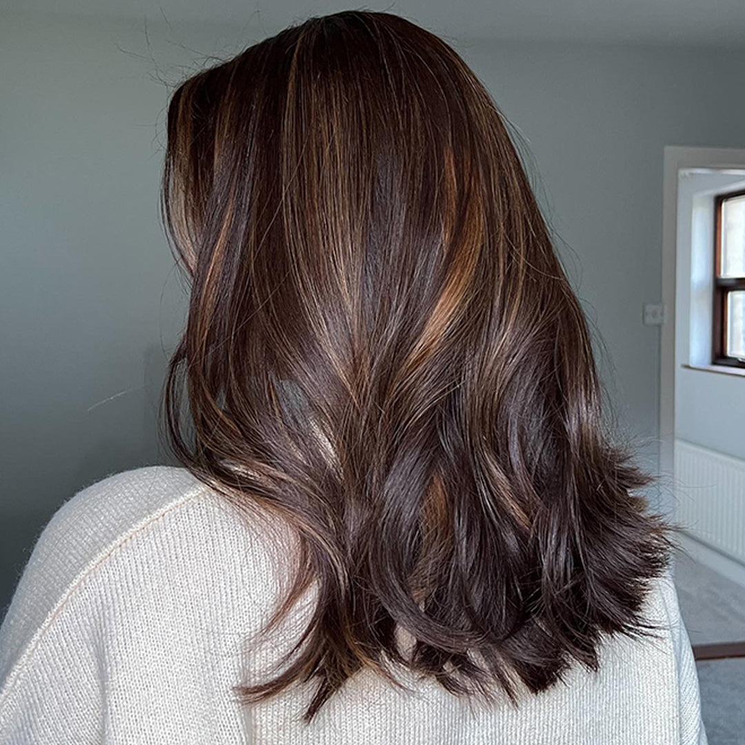 Sharon wig back view 18 inch lob layers brunette balayage natural flow