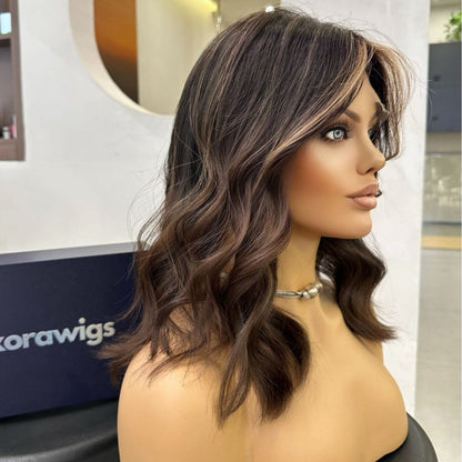Samantha wig side view - smooth layered waves with subtle caramel dimension