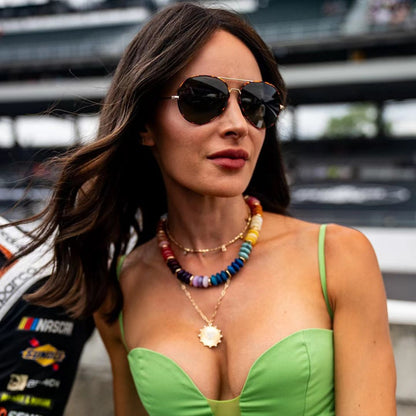 Samantha wig street style - worn with sunglasses and colorful beaded necklace, natural movement