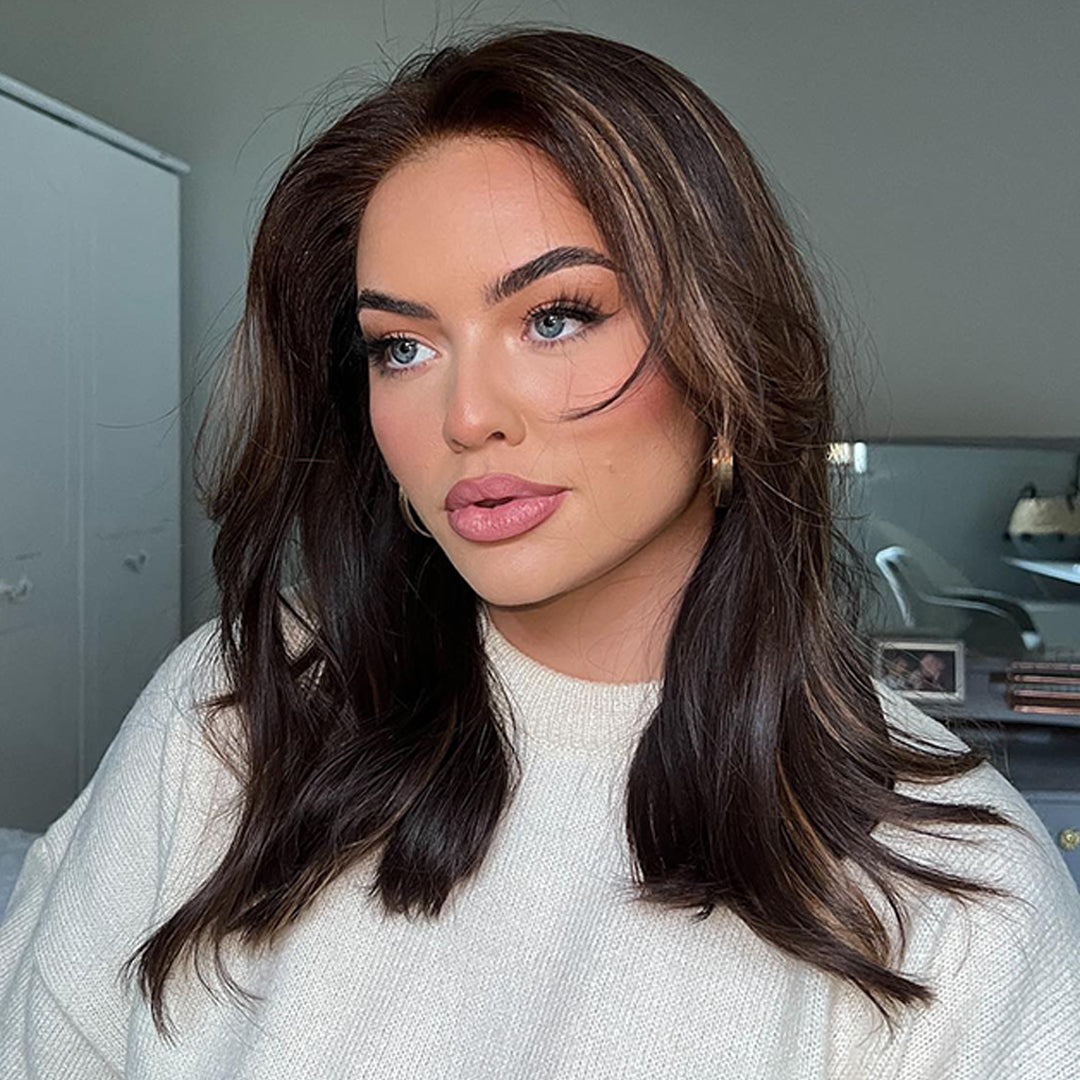 Woman wearing Sharon brunette balayage wig 18 inch everyday professional look