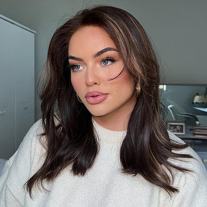 Woman wearing Sharon brunette balayage wig 18 inch everyday professional look