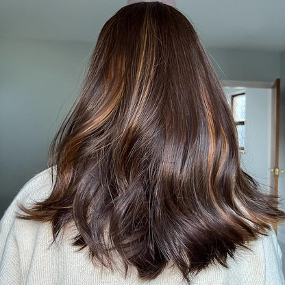 Woman back view wearing Sharon brunette wig everyday natural movement